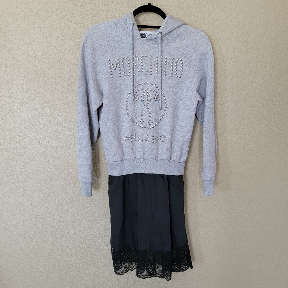 Moschino Couture Grey/Black Studded Hoodie Dress, Size 2